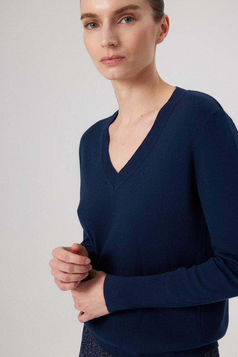 Navy Blue V-Neck Long Sleeve Women's Sweater