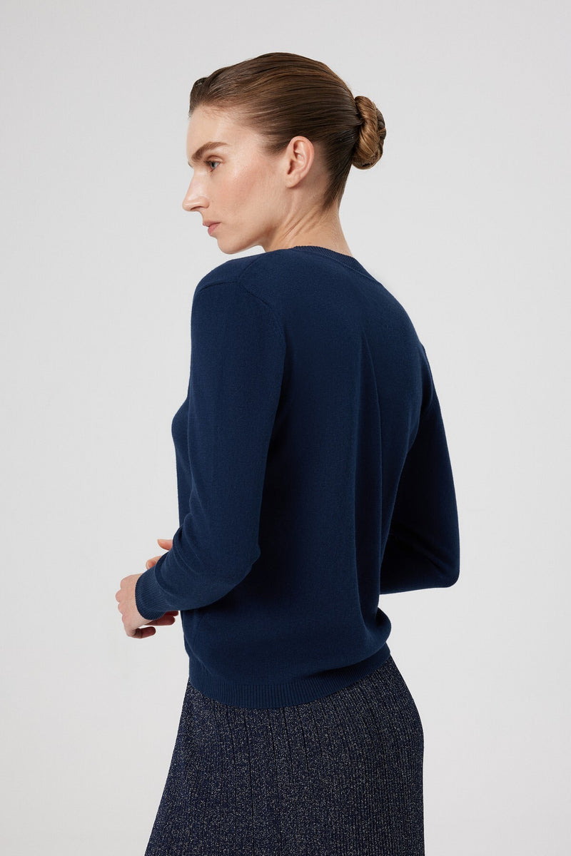 Navy Blue V-Neck Long Sleeve Women's Sweater