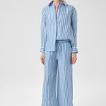 Women's Blue and White Striped Slit-Hem Pants