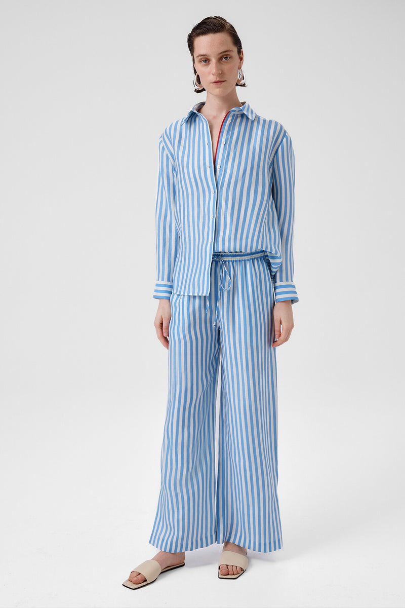 Women's Blue and White Striped Slit-Hem Pants