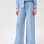 Women's Blue and White Striped Slit-Hem Pants