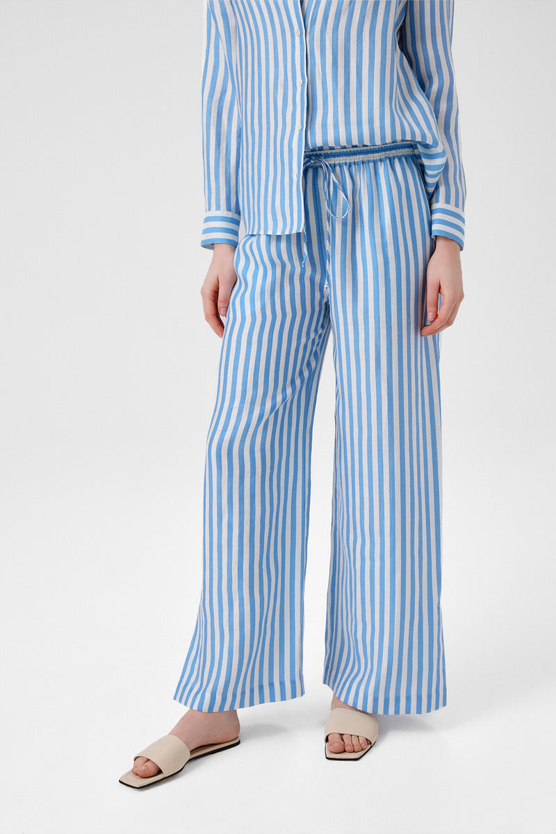 Women's Blue and White Striped Slit-Hem Pants