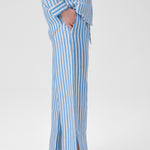 Women's Blue and White Striped Slit-Hem Pants