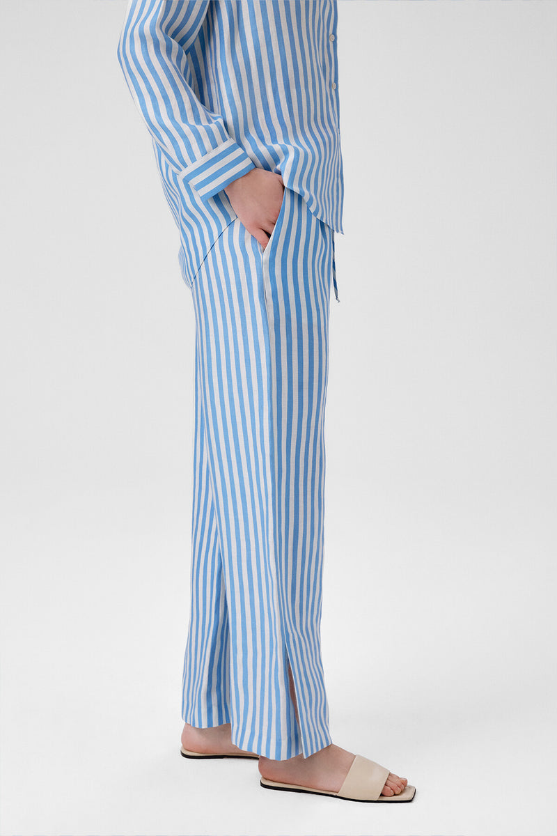 Women's Blue and White Striped Slit-Hem Pants