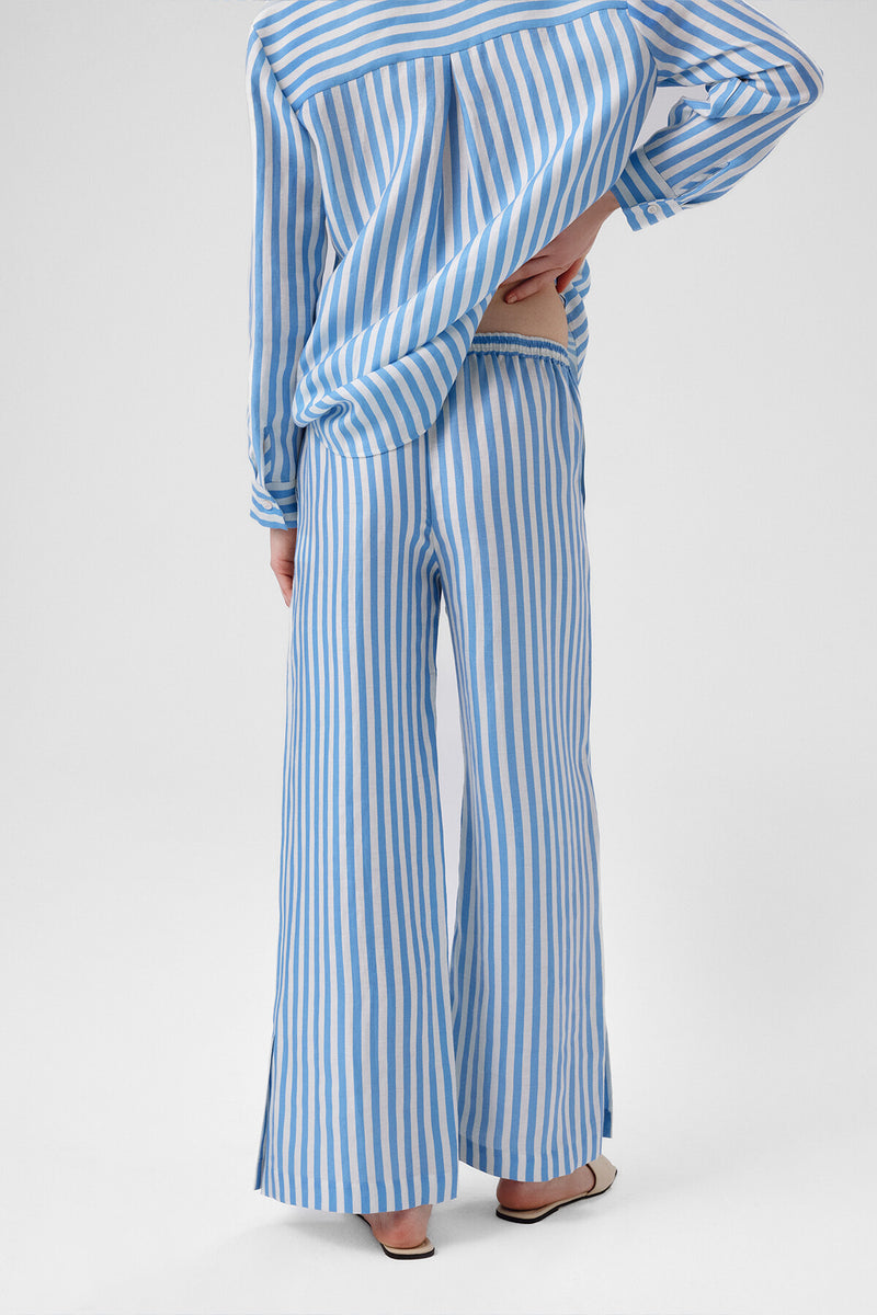 Women's Blue and White Striped Slit-Hem Pants