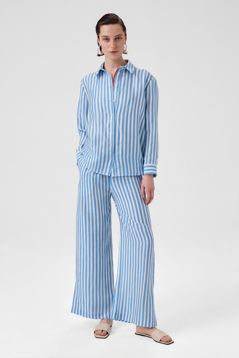Blue and White Striped Long-Sleeved Women's Shirt