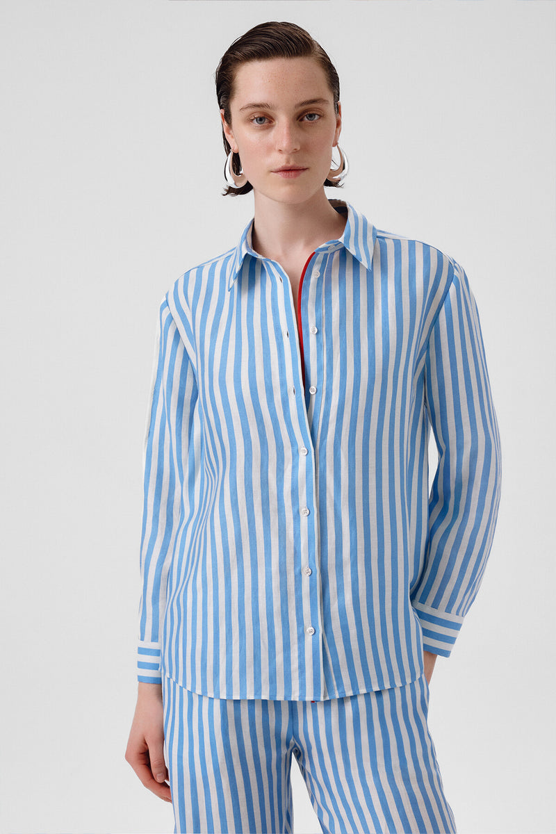 Blue and White Striped Long-Sleeved Women's Shirt