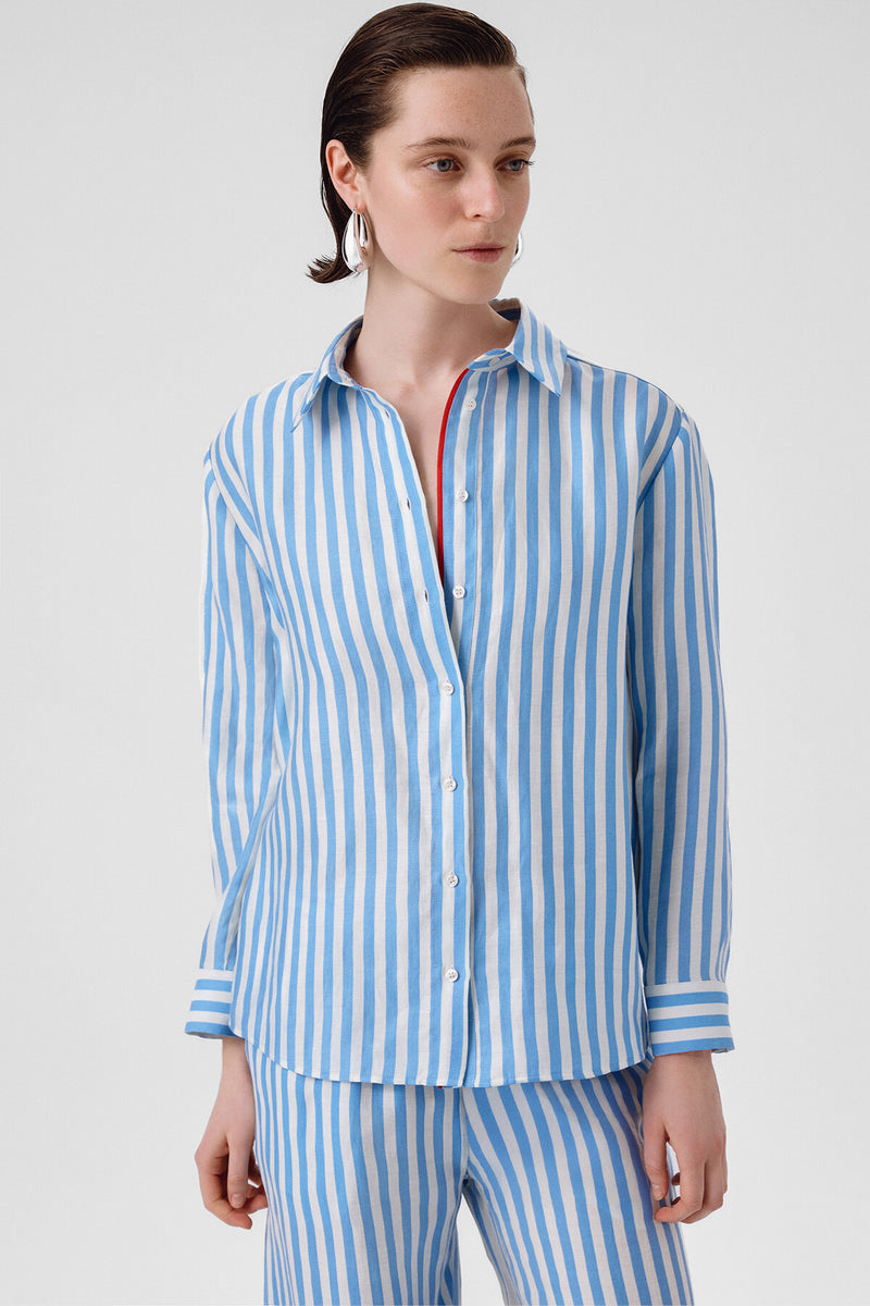 Blue and White Striped Long-Sleeved Women's Shirt