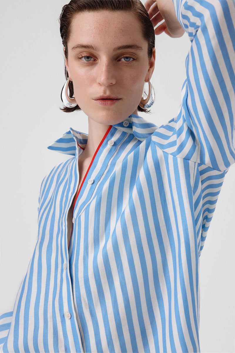 Blue and White Striped Long-Sleeved Women's Shirt