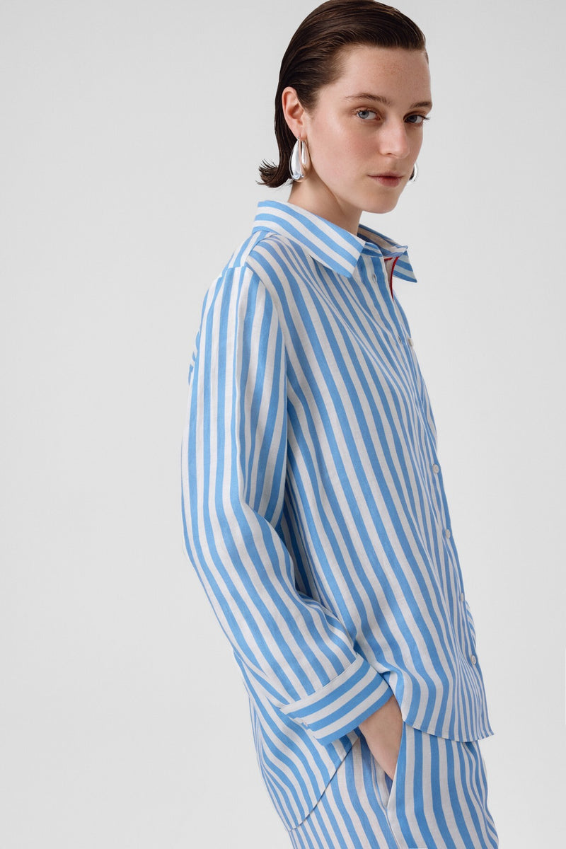 Blue and White Striped Long-Sleeved Women's Shirt