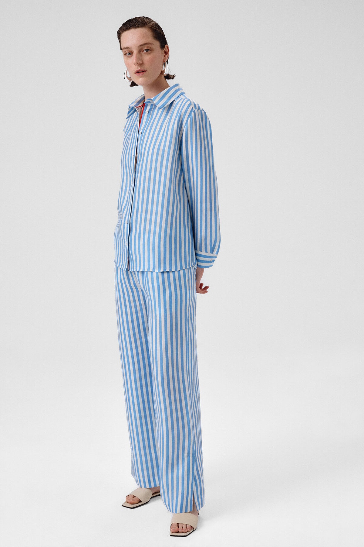 Blue and White Striped Long-Sleeved Women's Shirt