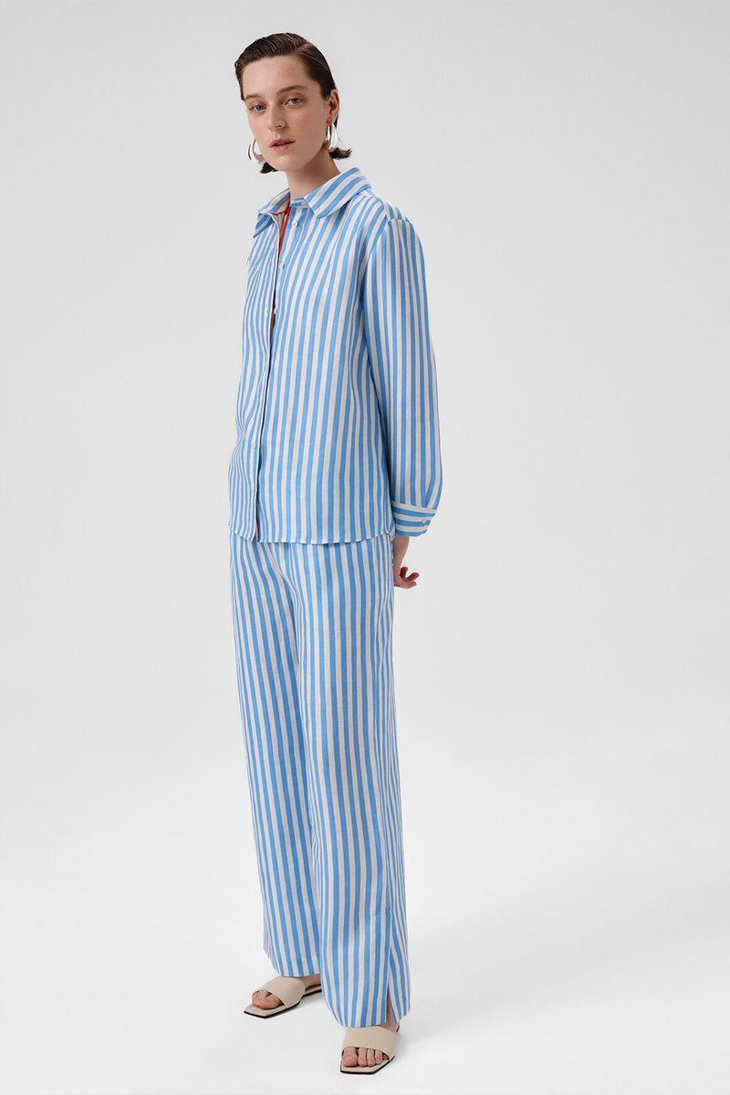 Blue and White Striped Long-Sleeved Women's Shirt