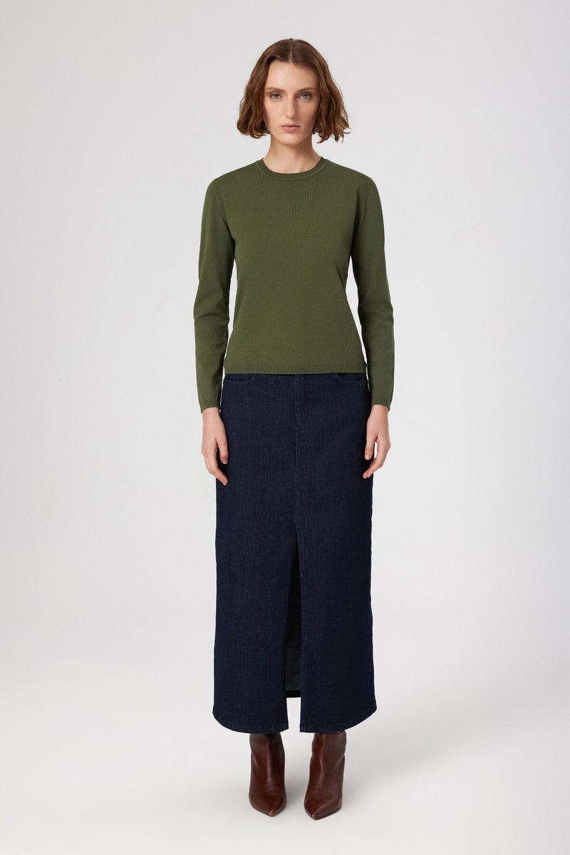 Long Denim Skirt with Front Slit