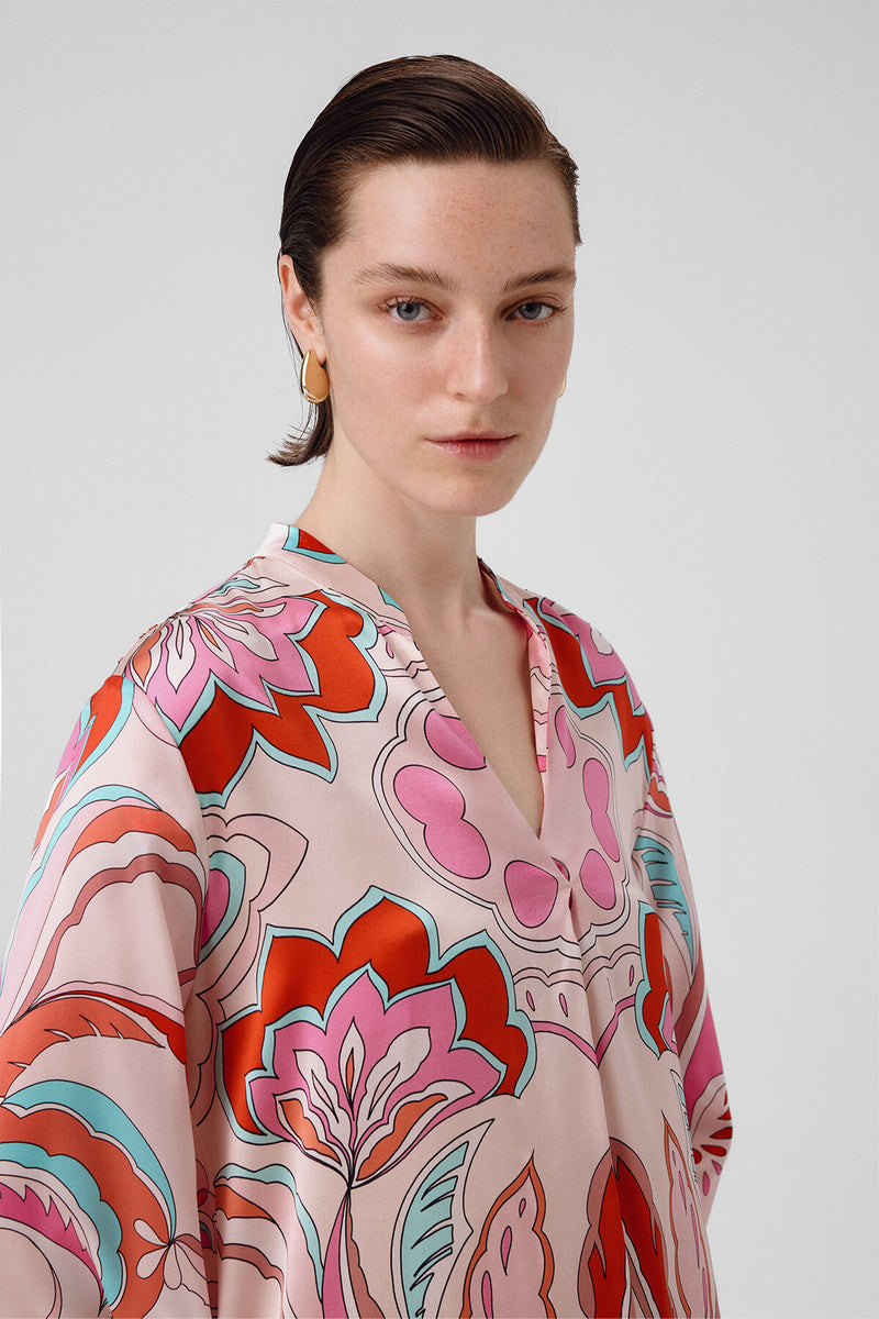 Women's Multicolor Patterned Shirt with Stand-Up Collar
