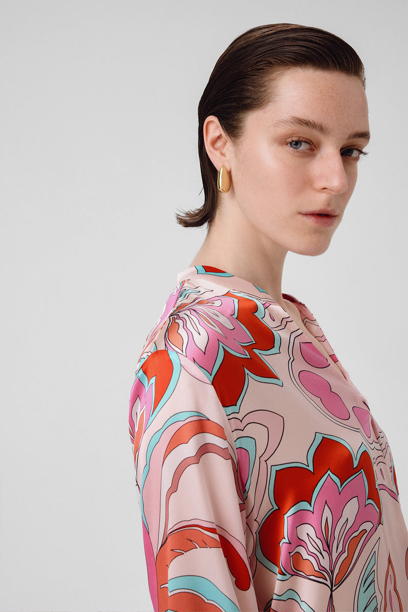 Women's Multicolor Patterned Shirt with Stand-Up Collar