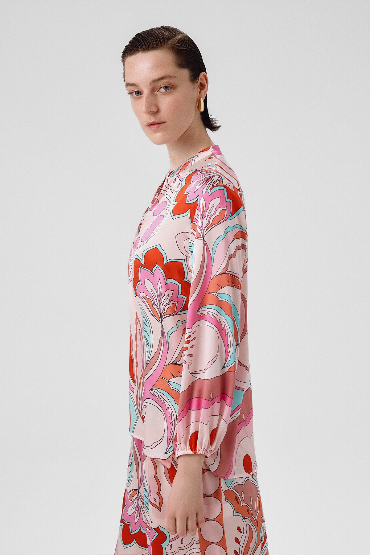 Women's Multicolor Patterned Shirt with Stand-Up Collar