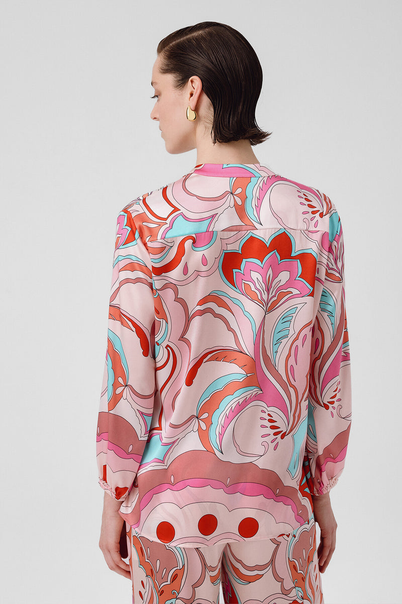 Women's Multicolor Patterned Shirt with Stand-Up Collar