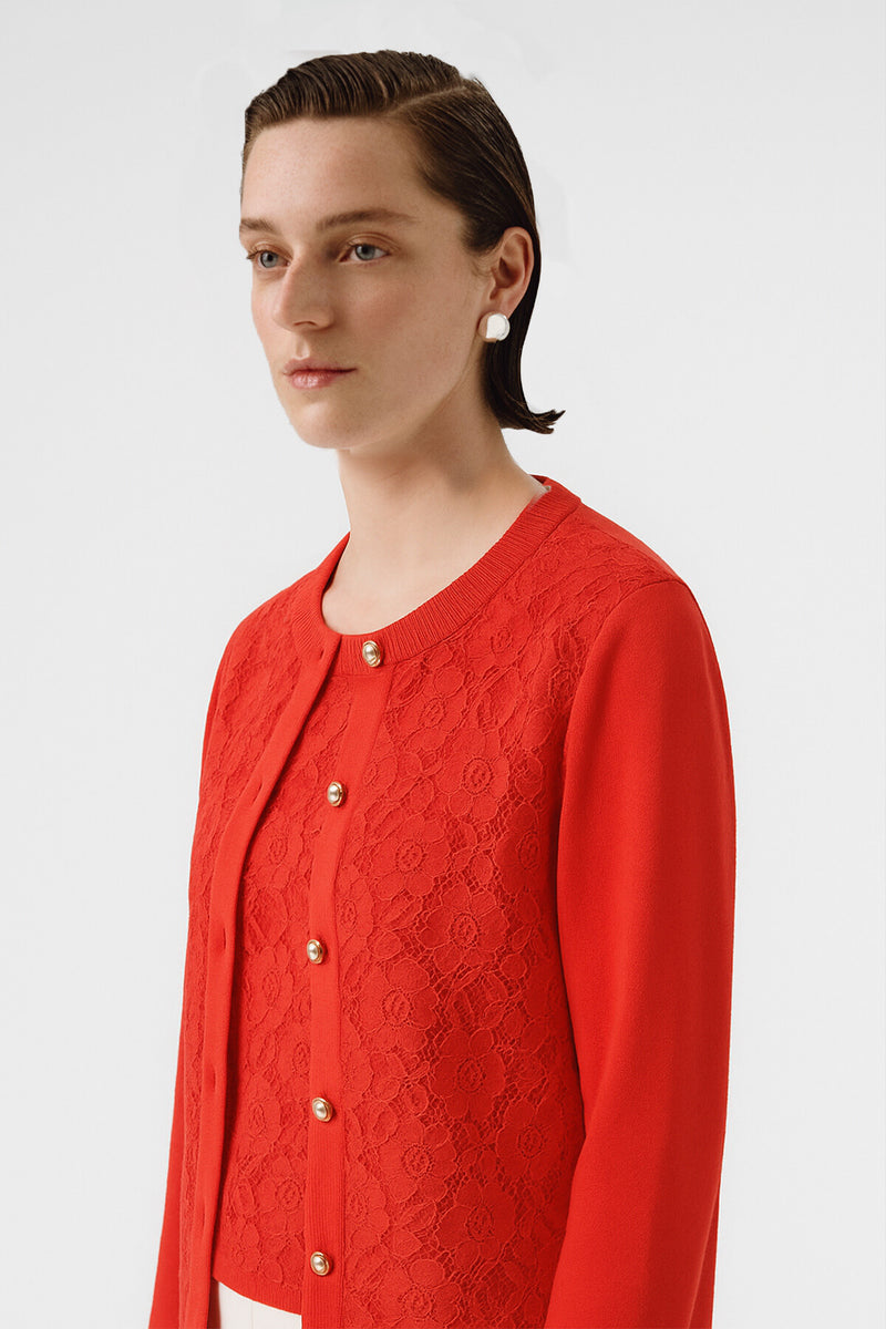 Women's Cardigan with Pomegranate Flower Lace Details and Buttons