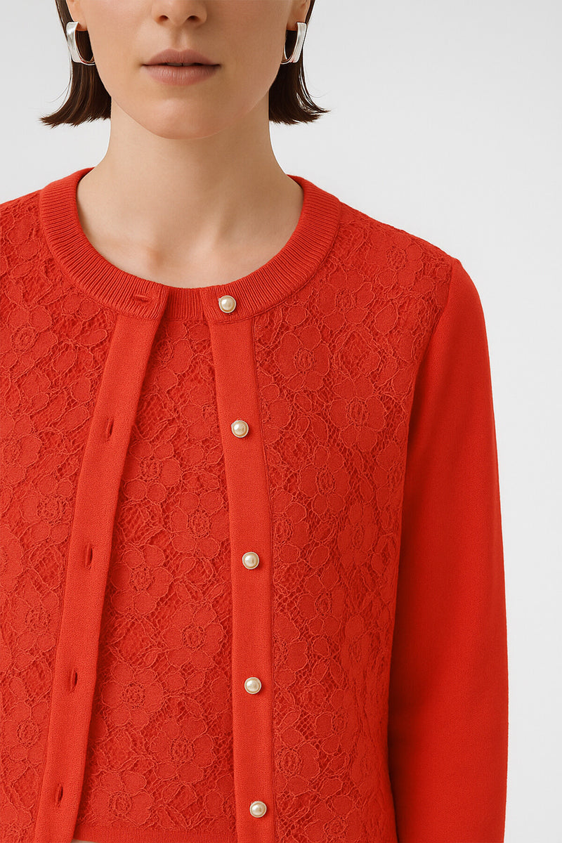Women's Cardigan with Pomegranate Flower Lace Details and Buttons