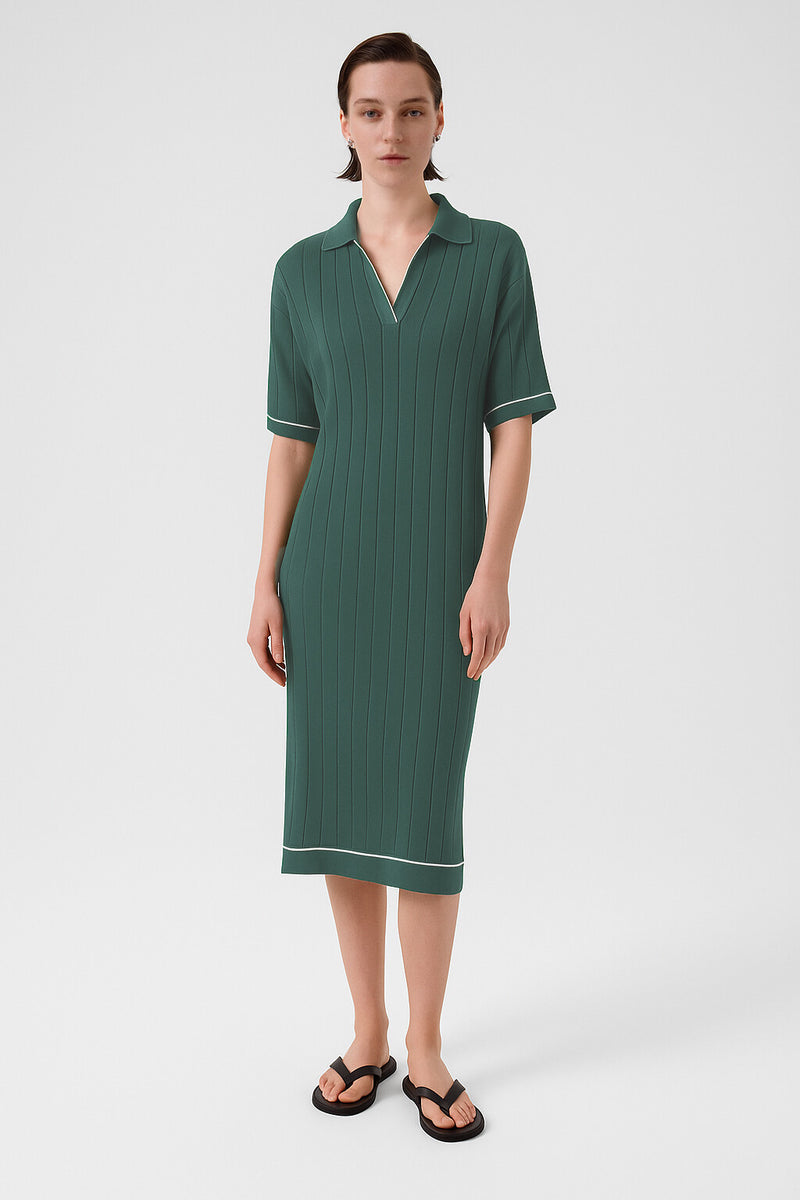 Oil Green Shirt Collar Ribbed Dress