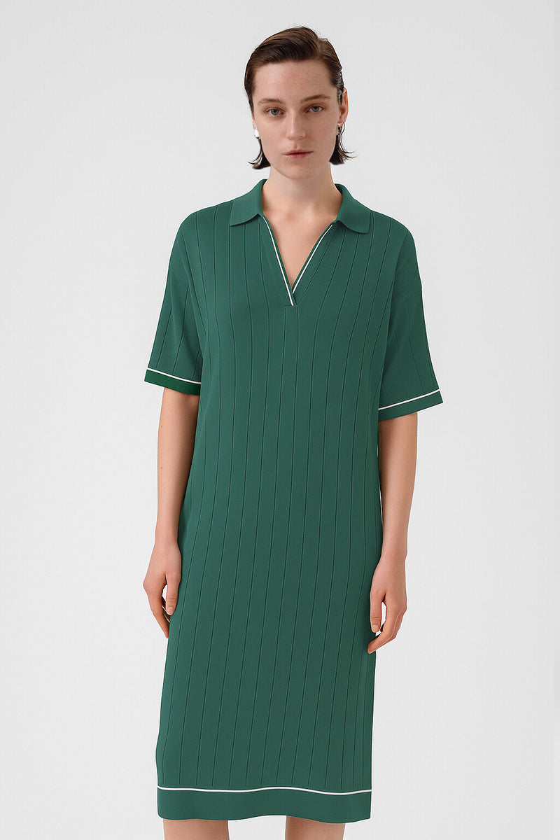 Oil Green Shirt Collar Ribbed Dress