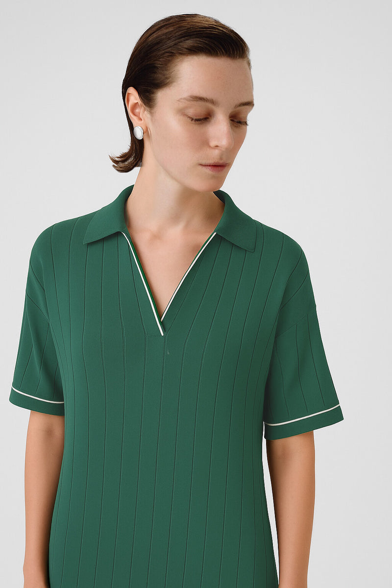 Oil Green Shirt Collar Ribbed Dress