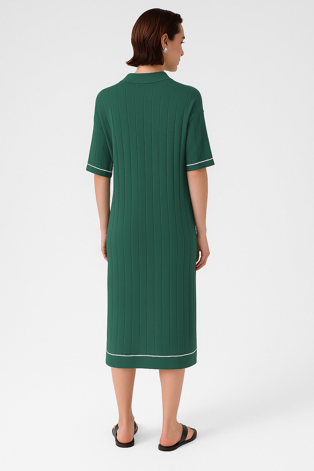 Oil Green Shirt Collar Ribbed Dress
