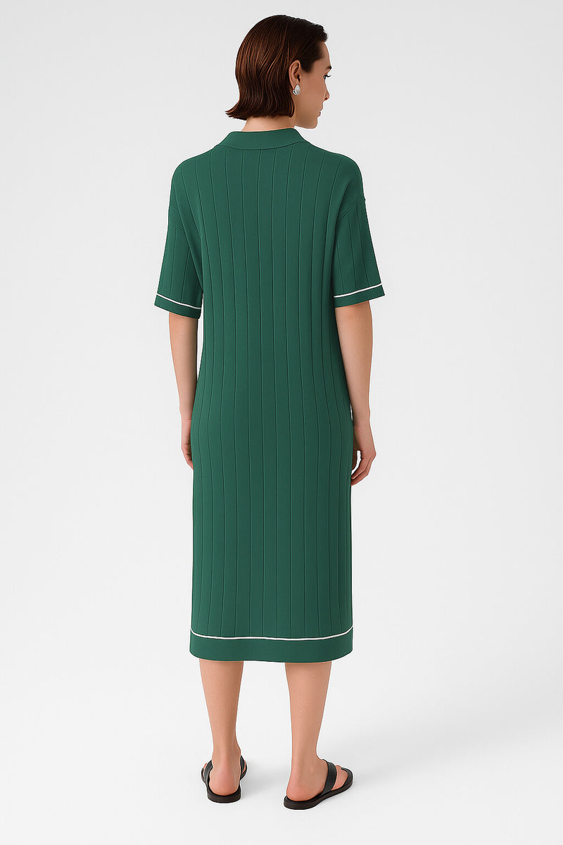 Oil Green Shirt Collar Ribbed Dress