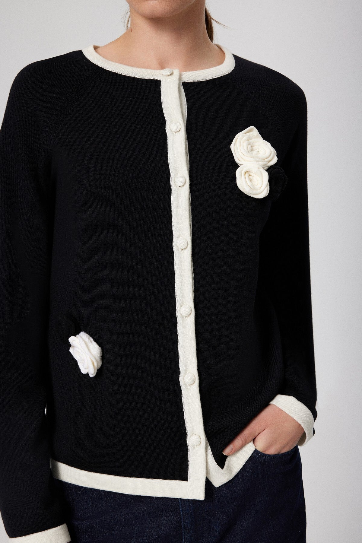 Black and White Rose Appliqué Women's Cardigan