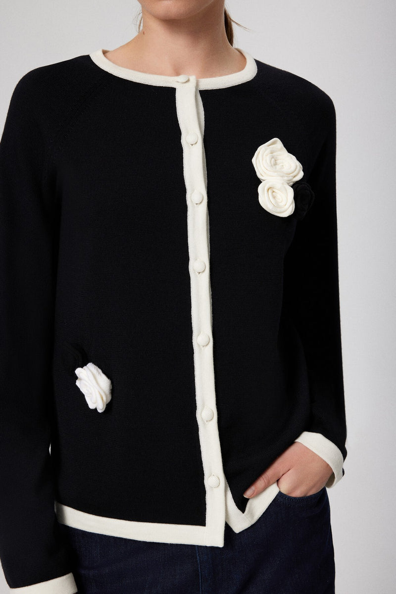 Black and White Rose Appliqué Women's Cardigan
