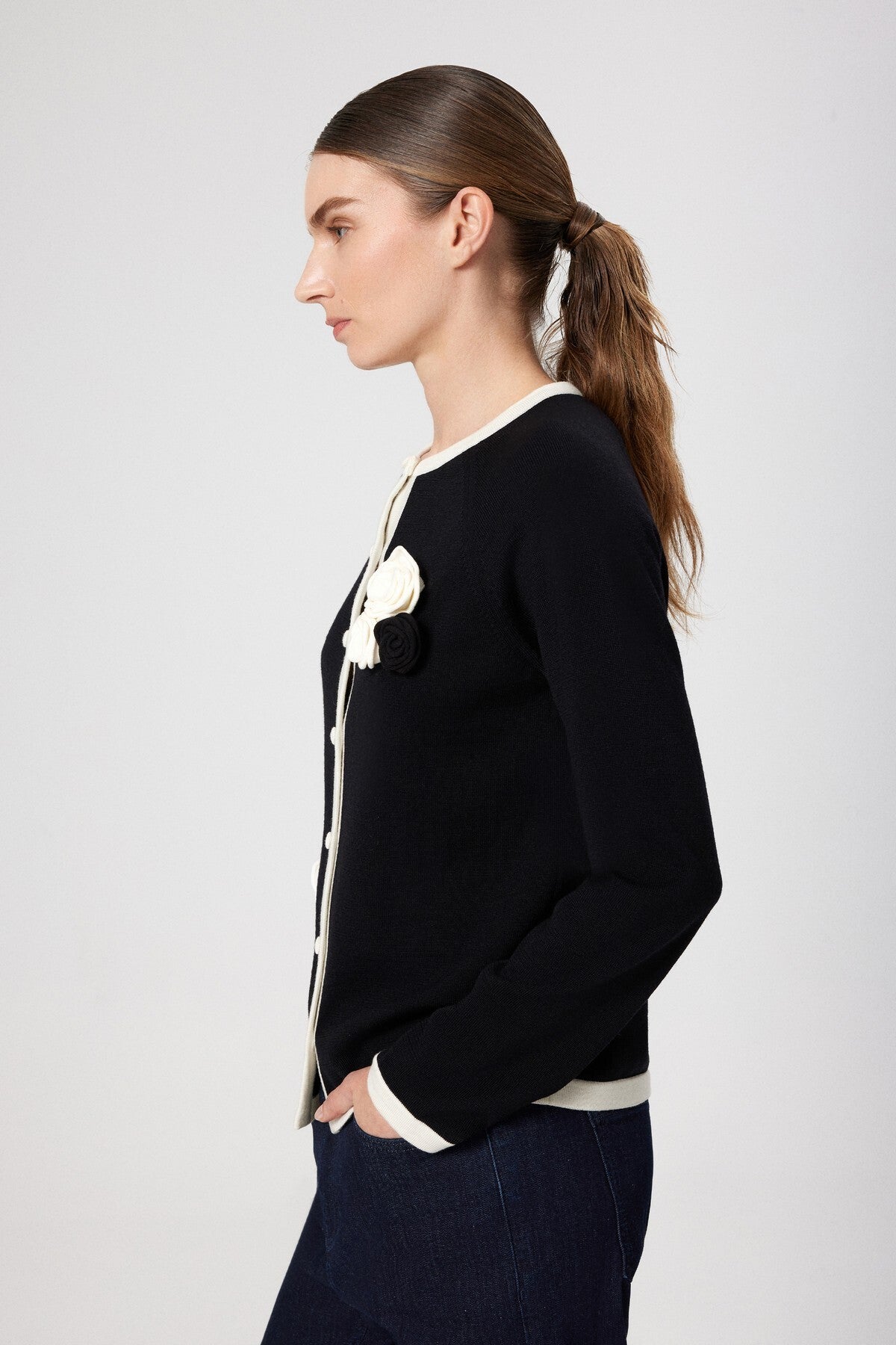 Black and White Rose Appliqué Women's Cardigan