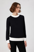 Black and White Long-Sleeved Women's Sweater with Collar