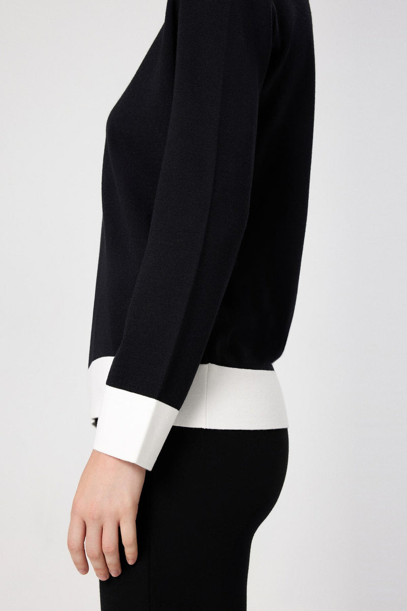 Black and White Long-Sleeved Women's Sweater with Collar