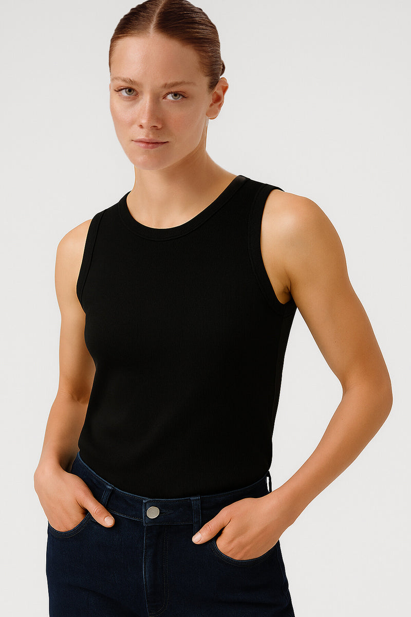 Black Ribbed Sleeveless Women's Athletic Top