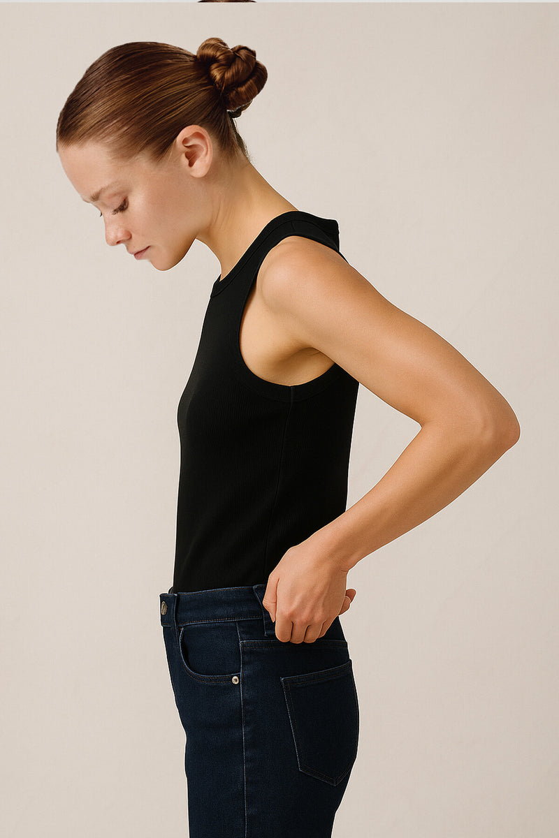 Black Ribbed Sleeveless Women's Athletic Top