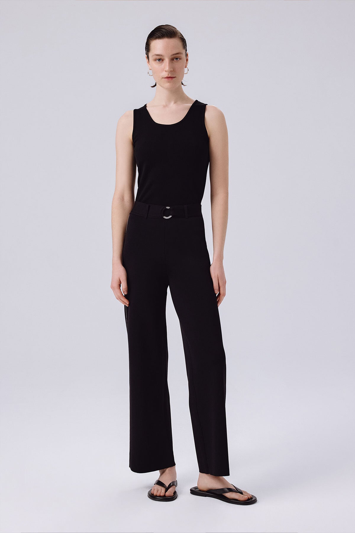 Women's Wide-Leg Pants with Black Belt Detail