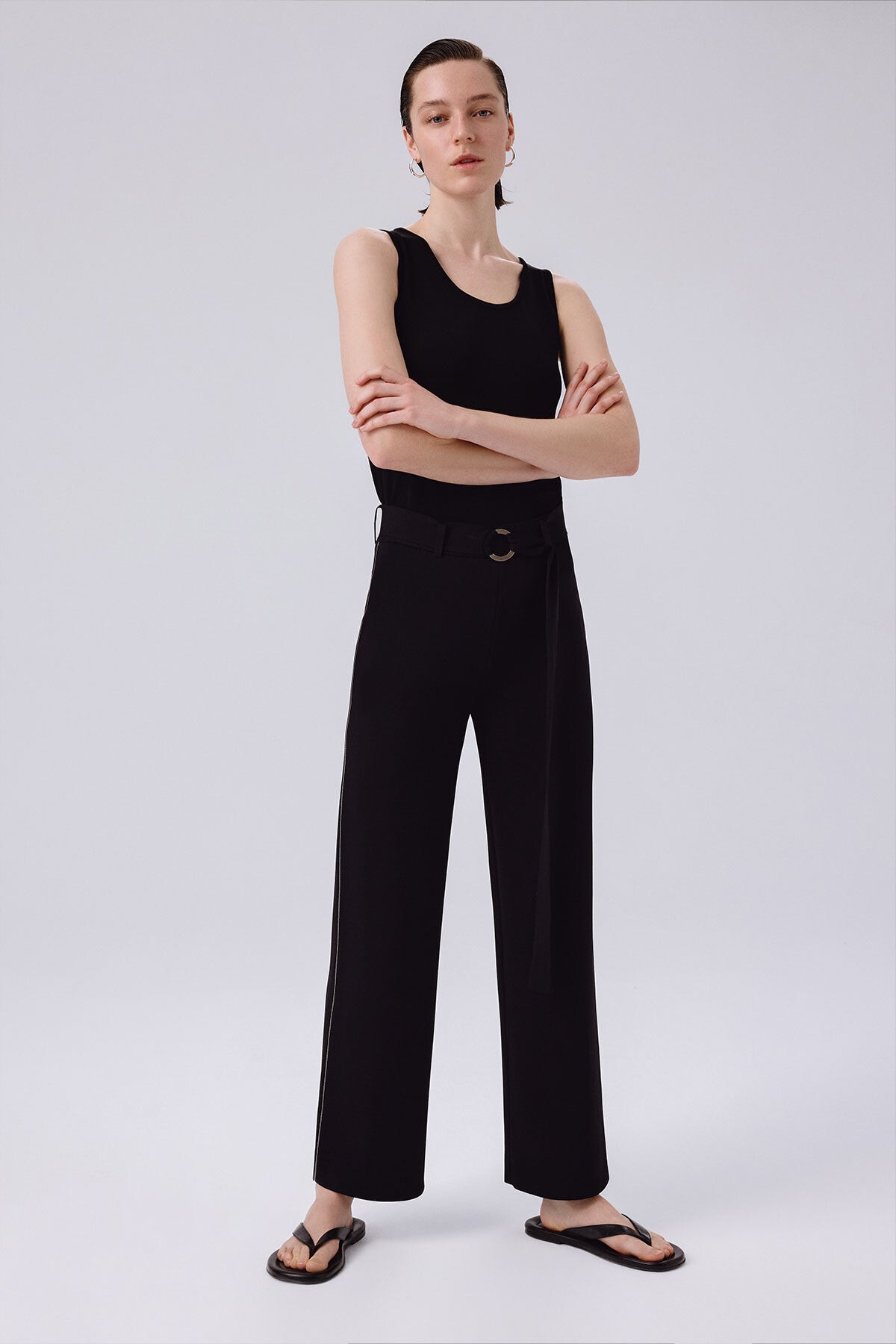 Women's Wide-Leg Pants with Black Belt Detail