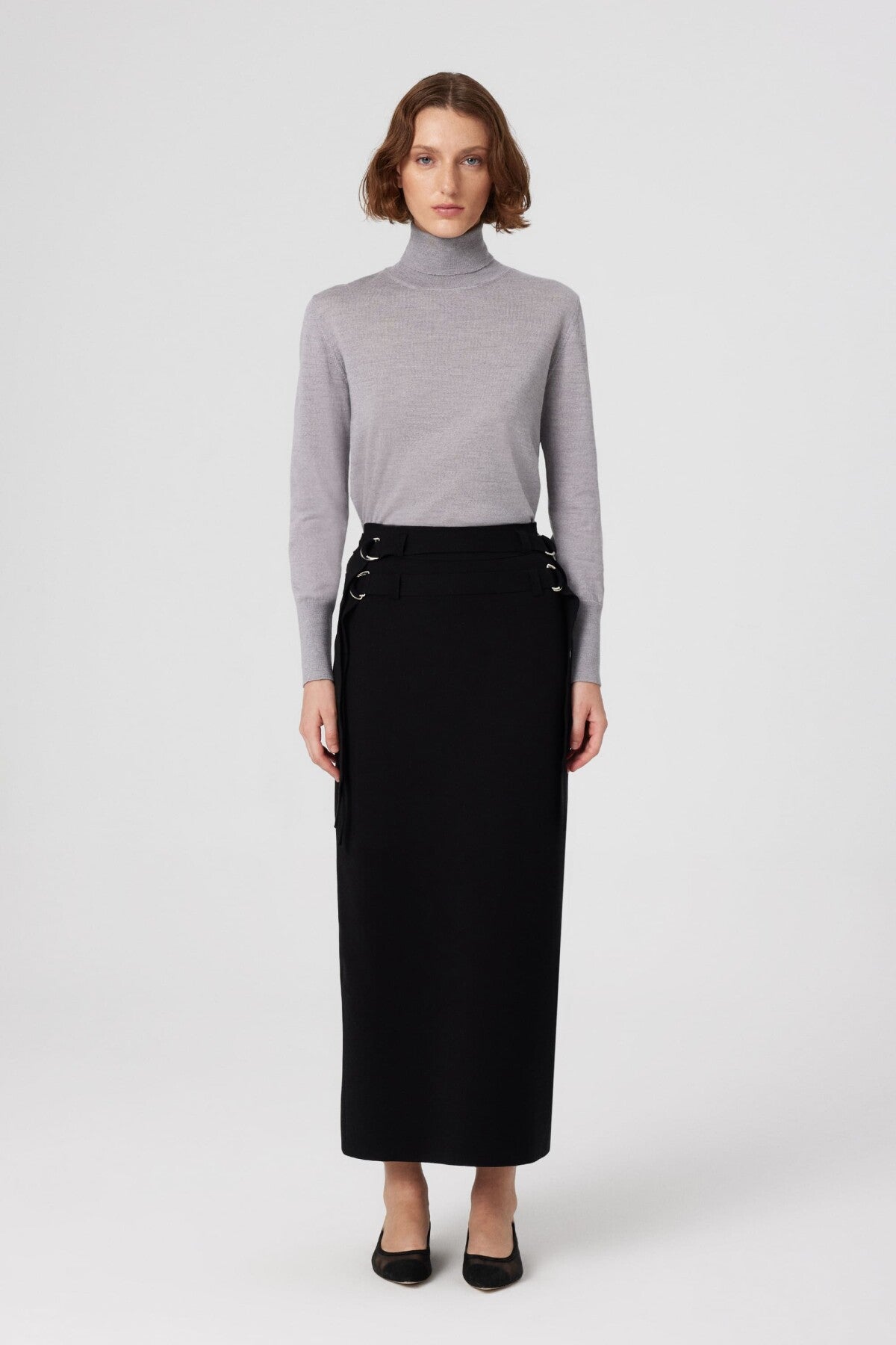 Long Skirt with Black Belt and Slit Detail