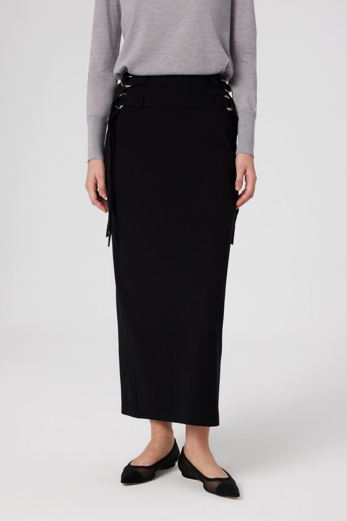 Long Skirt with Black Belt and Slit Detail