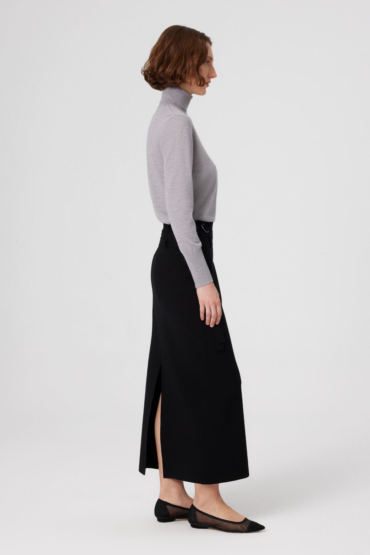 Long Skirt with Black Belt and Slit Detail