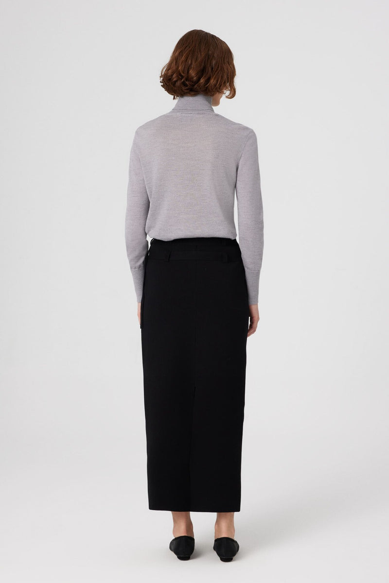 Long Skirt with Black Belt and Slit Detail