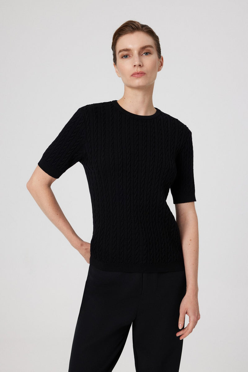 Black Knit Patterned Half-Sleeve Women's Sweater