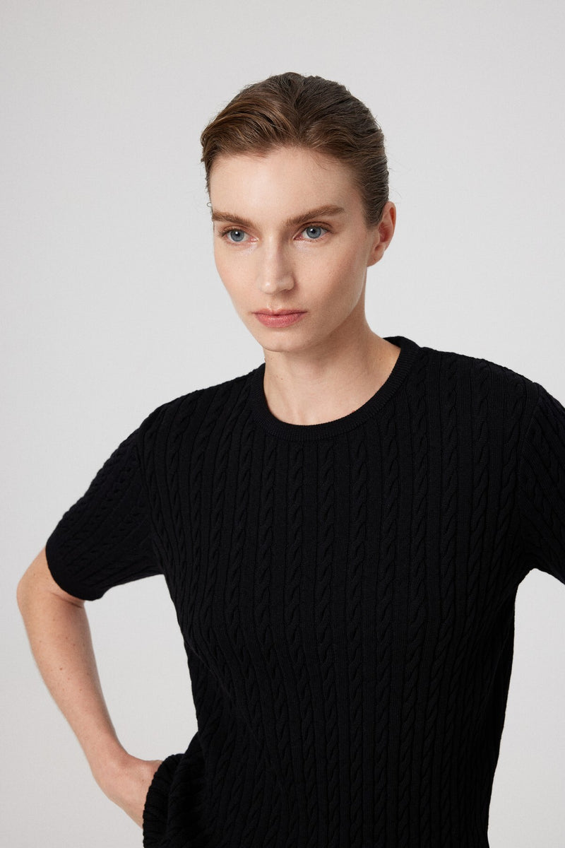 Black Knit Patterned Half-Sleeve Women's Sweater