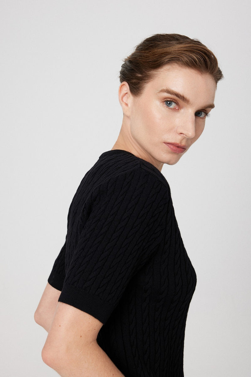 Black Knit Patterned Half-Sleeve Women's Sweater
