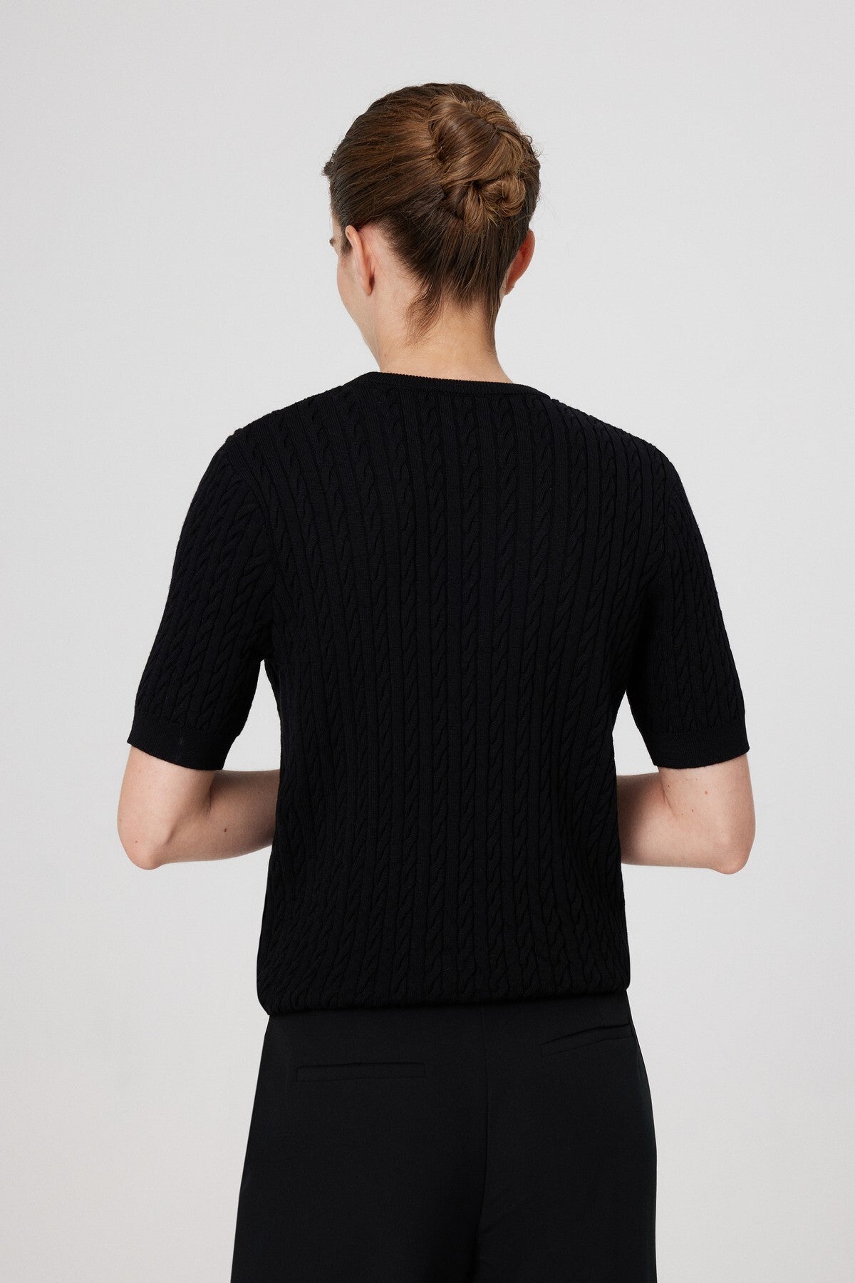 Black Knit Patterned Half-Sleeve Women's Sweater