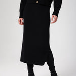 Black Ribbed Mid-Length Knit Skirt with Slit