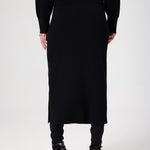 Black Ribbed Mid-Length Knit Skirt with Slit