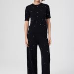 Black Stone Embroidered Short Sleeve Women's Sweater