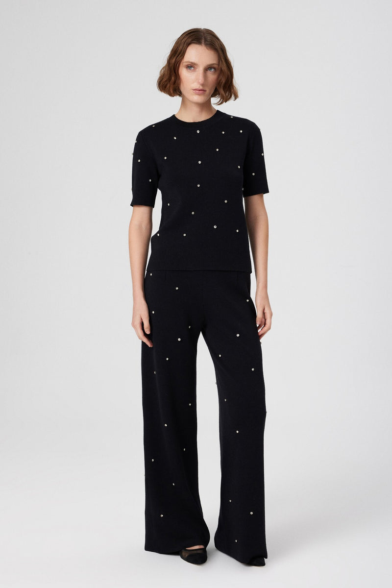 Black Stone Embroidered Short Sleeve Women's Sweater