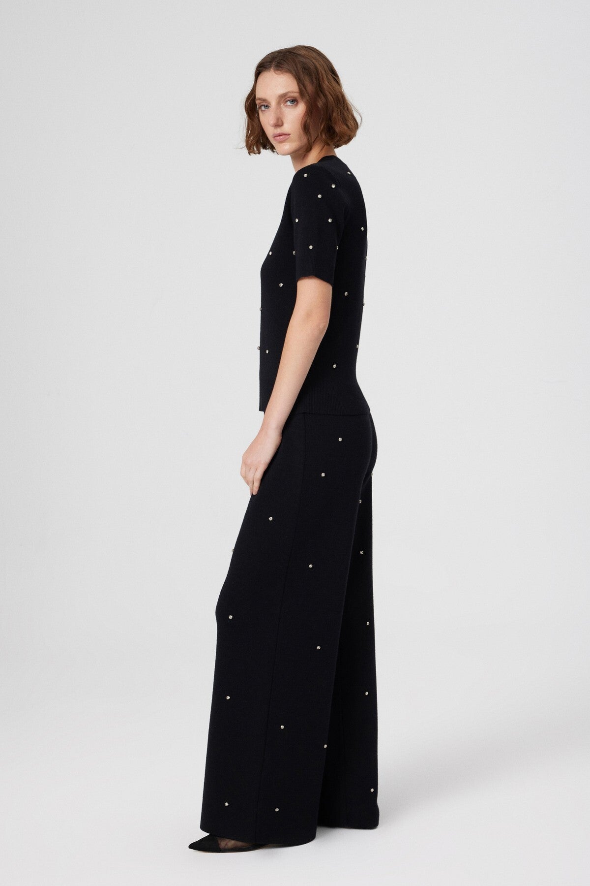 Black Stone Embroidered Short Sleeve Women's Sweater